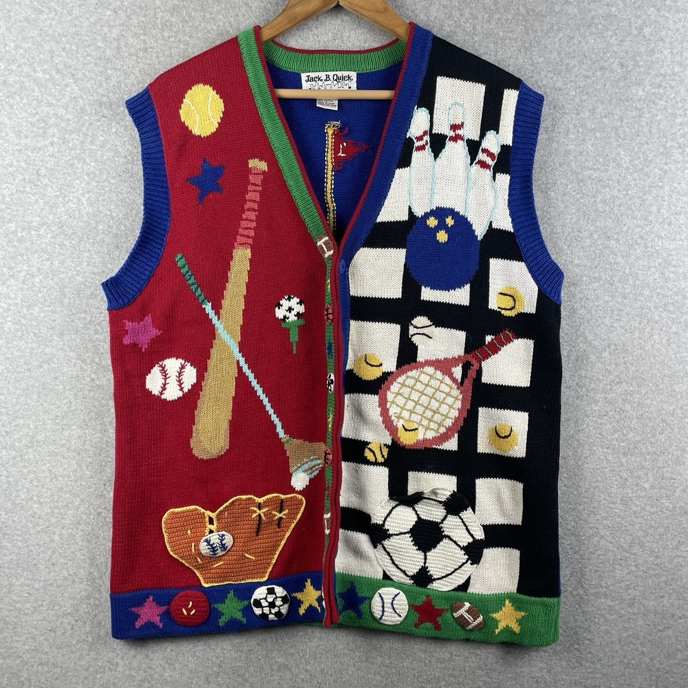 Vintage Sports Sweater Vest‎ Mens Large Jack B Quick Golf Baseball Cardigan 80s